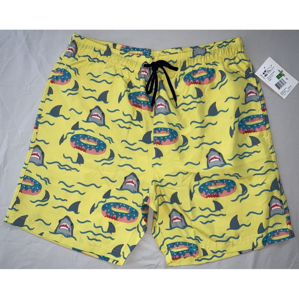 NWT Men's U.S. Surf Club Oahu, Hawaii Shark Donut Floaty Yellow Swim Trunks‎ - L